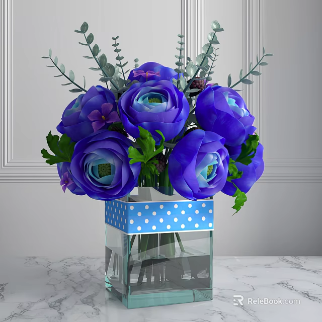 Purple Ranunculus Flowers in Glass Vase with Blue Polka Dot Ribbon and Green Leaves 3d model 