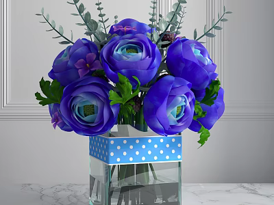 Purple Ranunculus Flowers in Glass Vase with Blue Polka Dot Ribbon and Green Leaves 3d model
