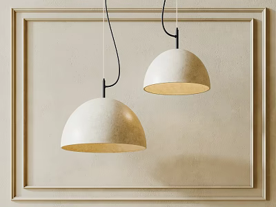 Two Minimalist Dome shaped White Pendant Lights With Beige Wall And Warm Glow 3d model