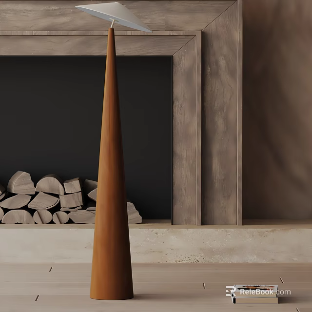 Modern Conical Floor Lamp In Living Room With Fireplace And Wood Logs 3d model 
