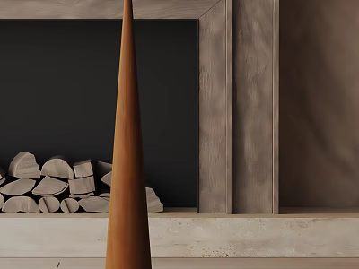 Modern Conical Floor Lamp In Living Room With Fireplace And Wood Logs 3d model