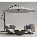 Outdoor Sofa Chairs With Wicker Frames Fire Pit And Large Umbrella 3d model