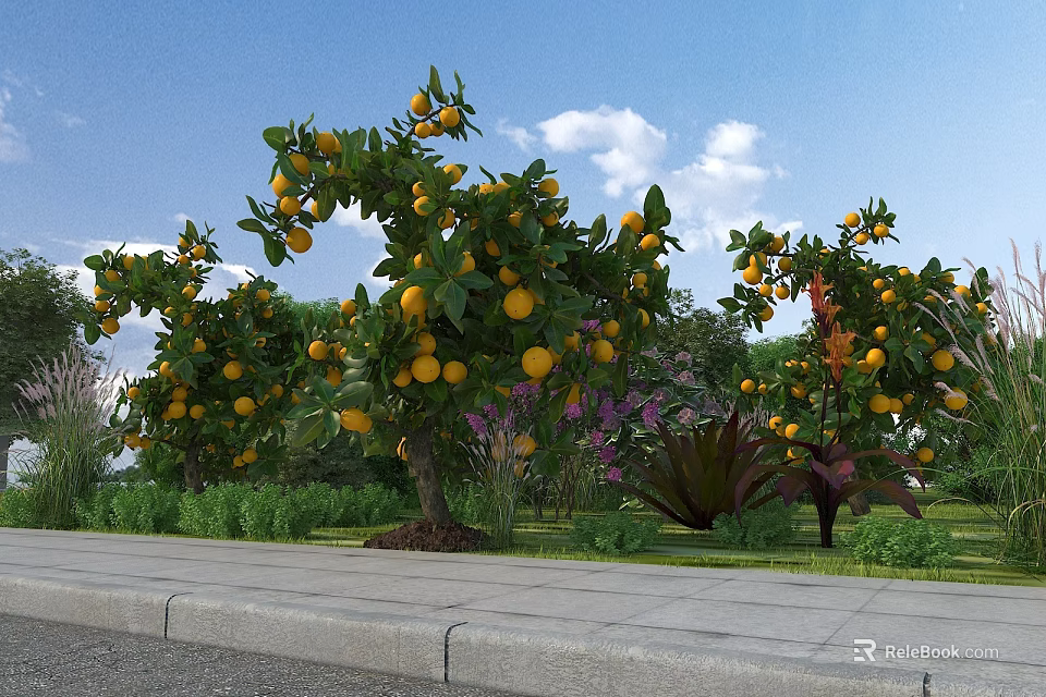 Garden Landscape Featuring Lush Orange Trees Bearing Ripe Fruits Green Grass Blue Sky White Clouds 3d model 