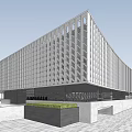 Modern Architectural Exterior Design With Glass Curtain Wall And People Walking Around