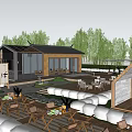 Tranquil Park Landscape With Wooden Pavilion Outdoor Tables Lavender Flowers And Green Trees