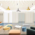 Modern Interior Lounge Space With Vertical Wooden Slats Partition Sofa And TV Screen