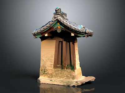 Traditional Asian Architecture Structure With Ornate Roof Ornaments Wooden Door And Weathered Stone Base 3d model