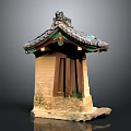 Traditional Asian Architecture Structure With Ornate Roof Ornaments Wooden Door And Weathered Stone Base