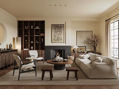 Cozy Living Room Interior With Beige Sofa Fireplace Armchairs And Wooden Bookshelf 3d model