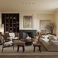 Cozy Living Room Interior With Beige Sofa Fireplace Armchairs And Wooden Bookshelf