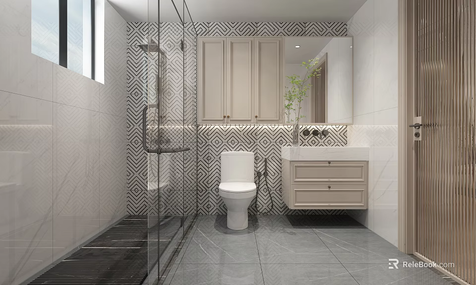 Modern Bathroom Interior Design With Glass Shower Toilet Vanity And Mirror 3d model 