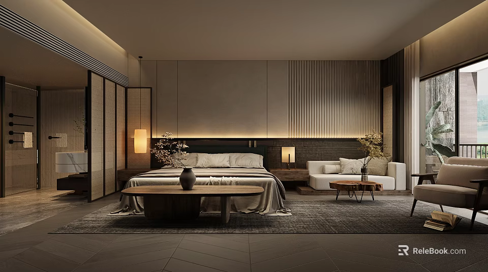 Modern Elegant Hotel Room Interior With Large Bed Sofa Wooden Decor And Warm Lighting Ambiance 3d model 