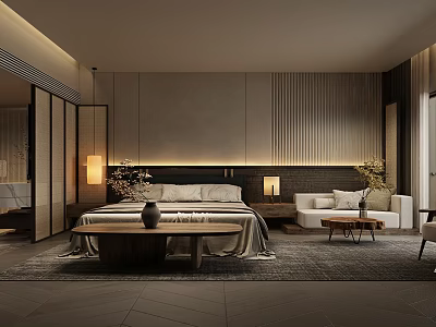 Modern Elegant Hotel Room Interior With Large Bed Sofa Wooden Decor And Warm Lighting Ambiance 3d model