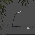 Modern Black Curved Desk Lamp With White Light And Green Plant Leaves On Gray Table