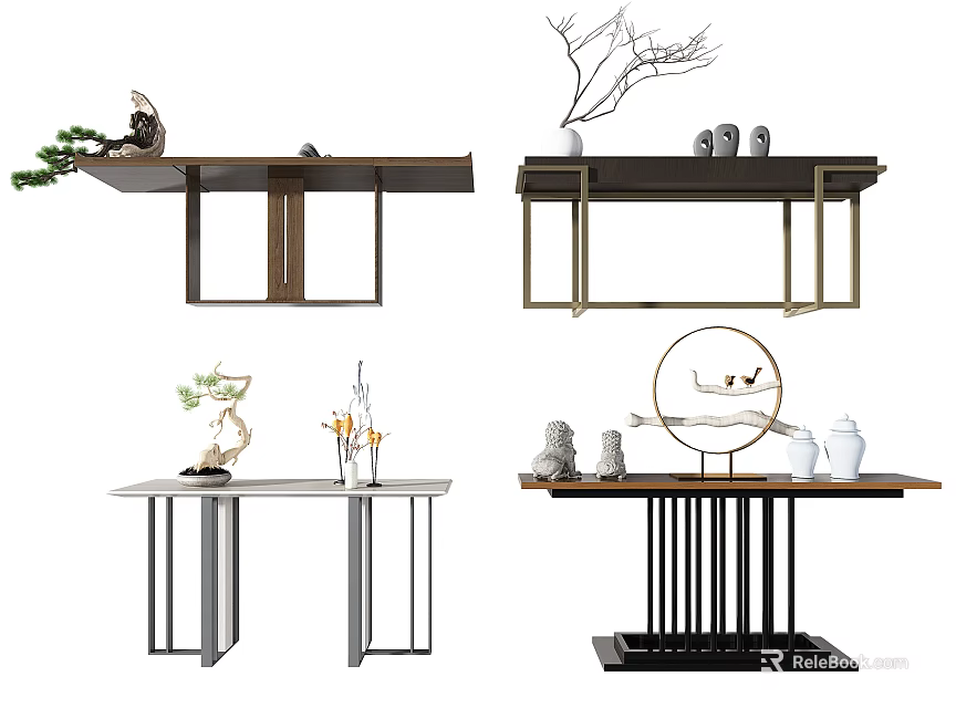Modern Minimalist Console Table Interior Design With Green Plants Vases And Decorative Ornaments 3d model 