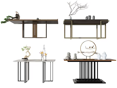 Modern Minimalist Console Table Interior Design With Green Plants Vases And Decorative Ornaments 3d model