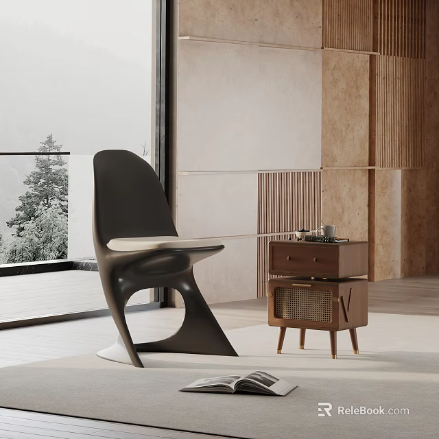 Stylish Black Dining Chair In Modern Interior With Wooden Side Table And Marble Wall 3d model 