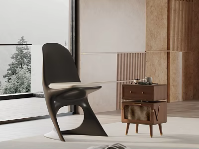 Stylish Black Dining Chair In Modern Interior With Wooden Side Table And Marble Wall 3d model