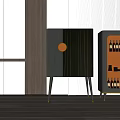 Modern Black Wine Cabinet With Round Panels And Bottles In Minimalist Interior