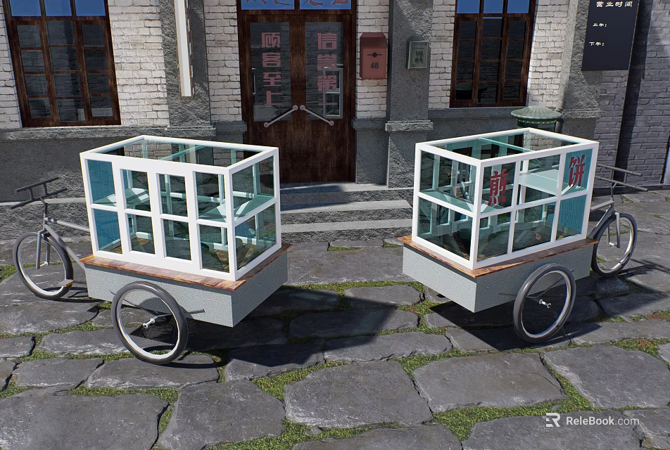 Traditional Public Facilities Glass Enclosed Vending Carts Near Chinese Style Building 3d model 
