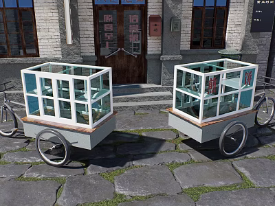 Traditional Public Facilities Glass Enclosed Vending Carts Near Chinese Style Building 3d model