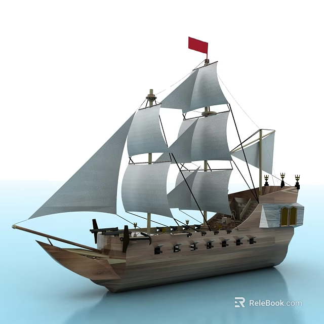 Sailing Ship with White Sails Wooden Hull Red Flag Cabins on Calm Blue Water 3d model 
