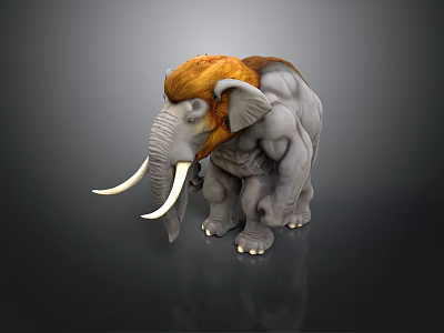 3D Mammoth Sculpture Model With Shaggy Fur And Long White Tusks On Dark Surface 3d model