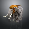 3D Mammoth Sculpture Model With Shaggy Fur And Long White Tusks On Dark Surface