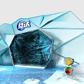 Snowy Theme Event Scene With Ice Castle And Blue Cartoon Characters