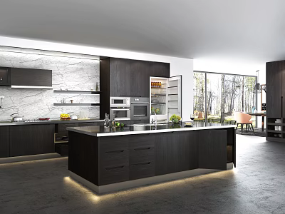 Modern Kitchen Interior With Dark Cabinets Island Counter And Marble Backsplash Appliances 3d model
