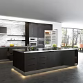 Modern Kitchen Interior With Dark Cabinets Island Counter And Marble Backsplash Appliances