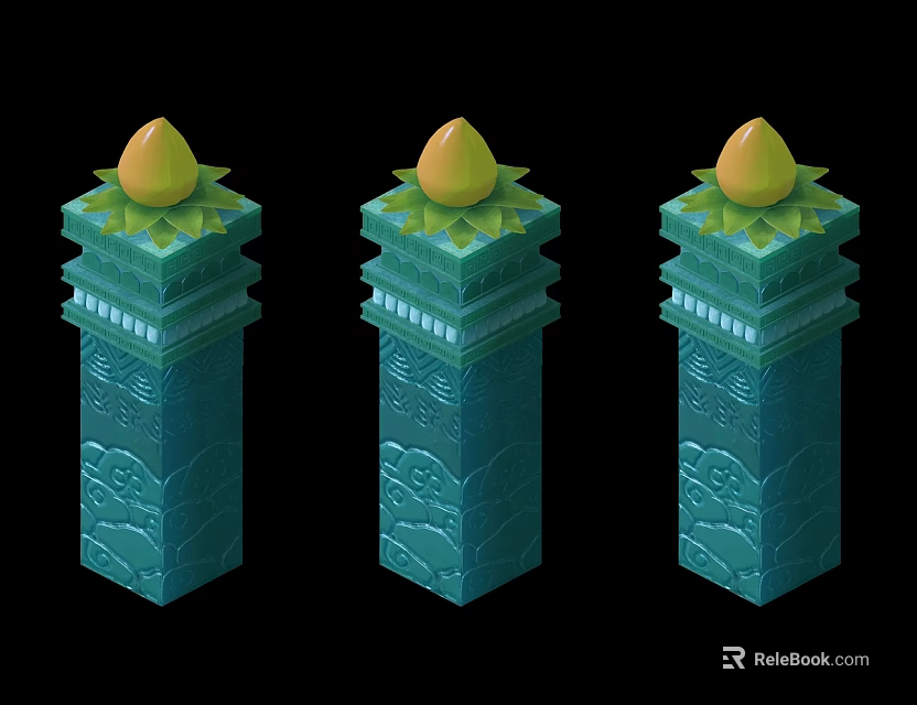 Three Cartoon Style Green Pillars With Yellow Top And Carved Patterns 3d model 