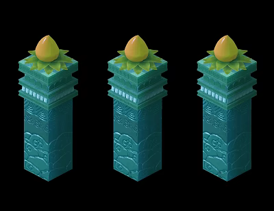 Three Cartoon Style Green Pillars With Yellow Top And Carved Patterns 3d model