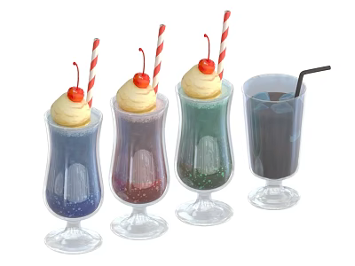 Colorful Milkshakes with Whipped Cream Cherry and Red White Striped Straws in Clear Glass Cups 3d model