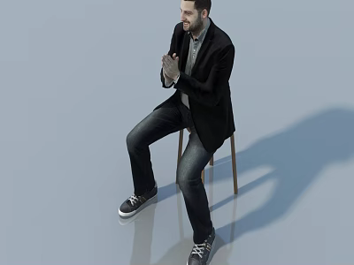Man Sitting On Chair In Black Blazer Gray Shirt Dark Jeans And Black Sneakers 3d model