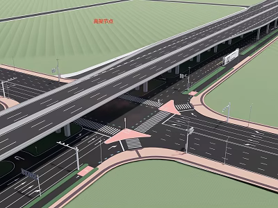 Elevated Road Interchange Structure With Multiple Traffic Lanes And Street Lights 3d model