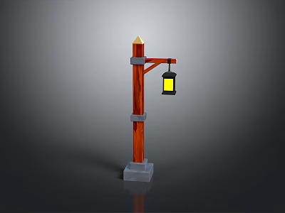 Traditional Style Street Lamp With Red Pole Gray Base And Yellow Lantern Light 3d model