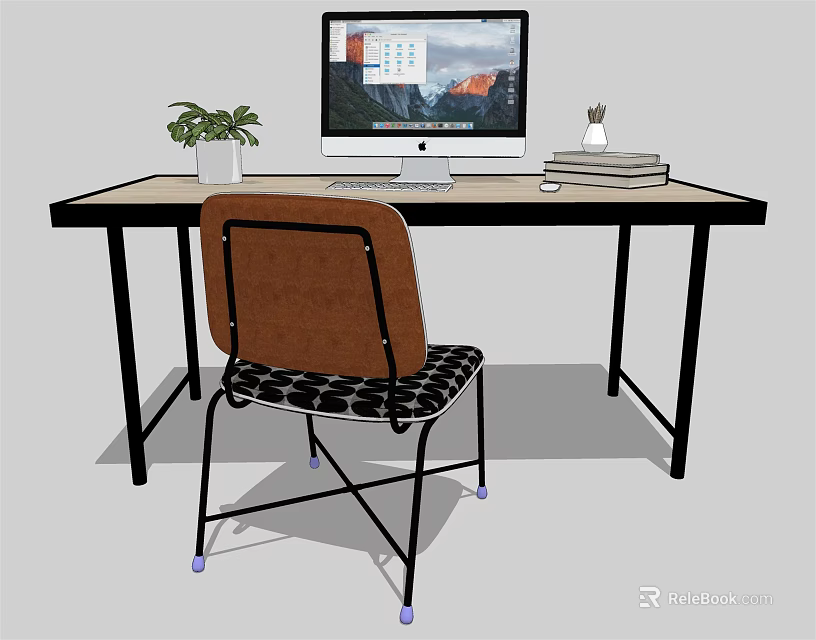 Modern Office Desk Setup With Computer Monitor Green Plant Small Decor And Brown Chair 3d model 