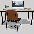 Modern Office Desk Setup With Computer Monitor Green Plant Small Decor And Brown Chair