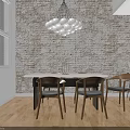 Elegant Dining Table Set With White Brick Wall Spherical Chandelier Wooden Chairs And Flower Vase