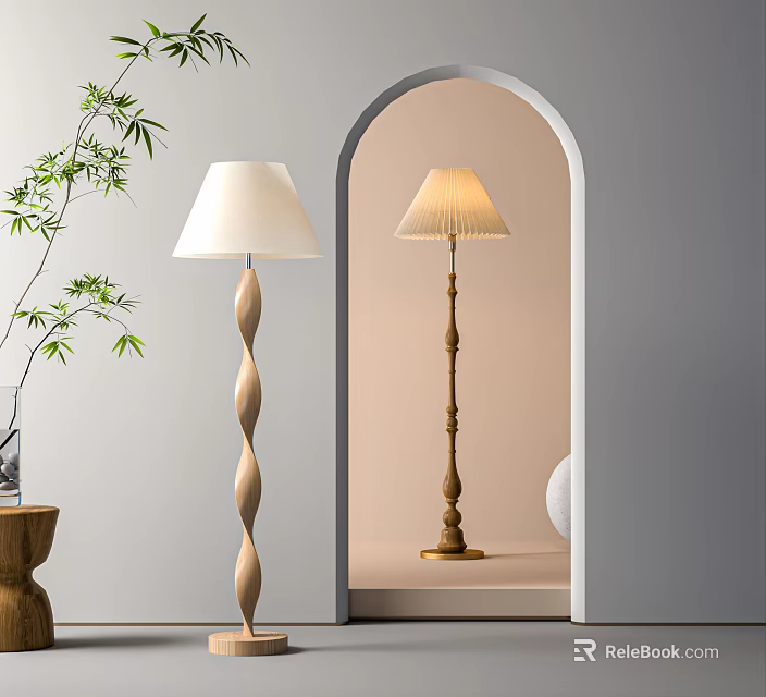 Two Stylish Floor Lamps In Minimalist Interior With Archway And Plants 3d model 