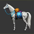 White Spotted Horse With Blue Reins And Colorful Saddle Equipment