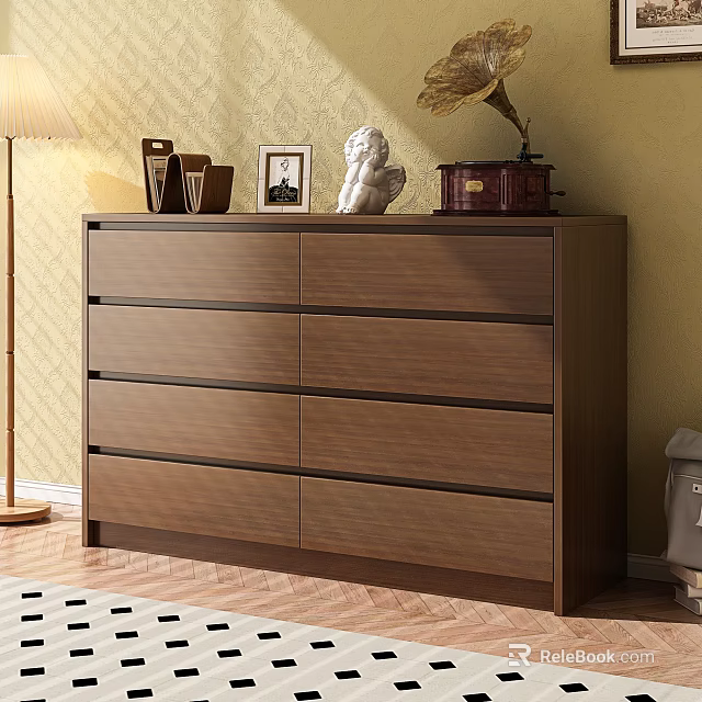 Brown Wooden Dresser With Decorative Items Photo Frame Statue And Vintage Radio 3d model 