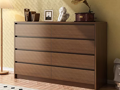 Brown Wooden Dresser With Decorative Items Photo Frame Statue And Vintage Radio 3d model