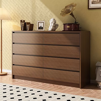 Brown Wooden Dresser With Decorative Items Photo Frame Statue And Vintage Radio 3d model