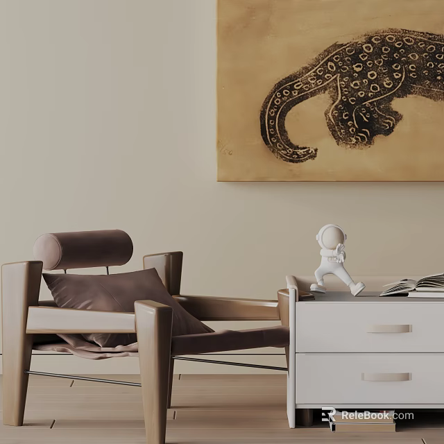 Brown Accent Chair With Wooden Frame By White Cabinet And Large Elephant Painting 3d model 