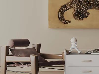 Brown Accent Chair With Wooden Frame By White Cabinet And Large Elephant Painting 3d model