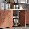 Brown White Modular File Cabinet With Perforated Design And Books Photo Frames In Bright Room