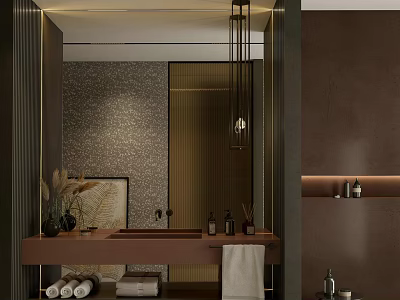 Elegant Modern Bathroom Vanity With Mirror Hanging Light Toiletries And Textured Wall 3d model