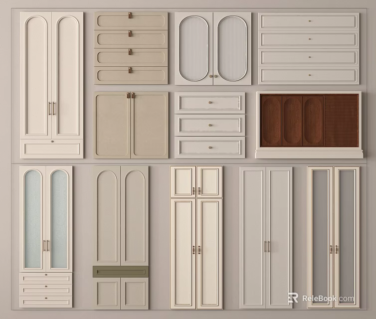 Light Colored Kitchen Cabinet Components With Various Door Panels And Drawers 3d model 